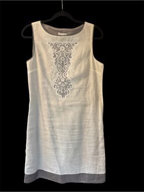Promod Sleeveless Linen Dress with Lace White with Silver Gray Trim EU size 38